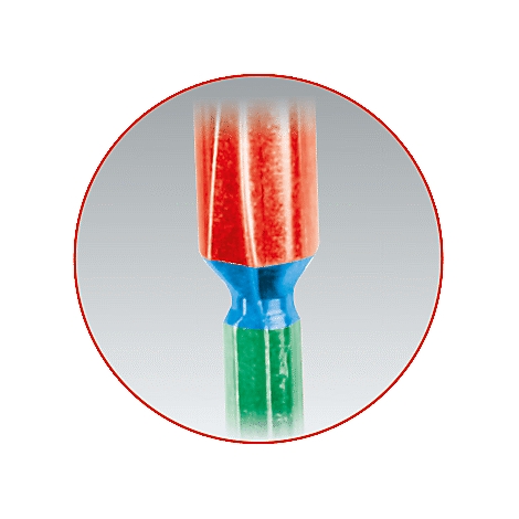 Nahaufnahme eines bunten Stifts, der von Rot nach Grün gefärbt ist, mit einem blauen Abschnitt.